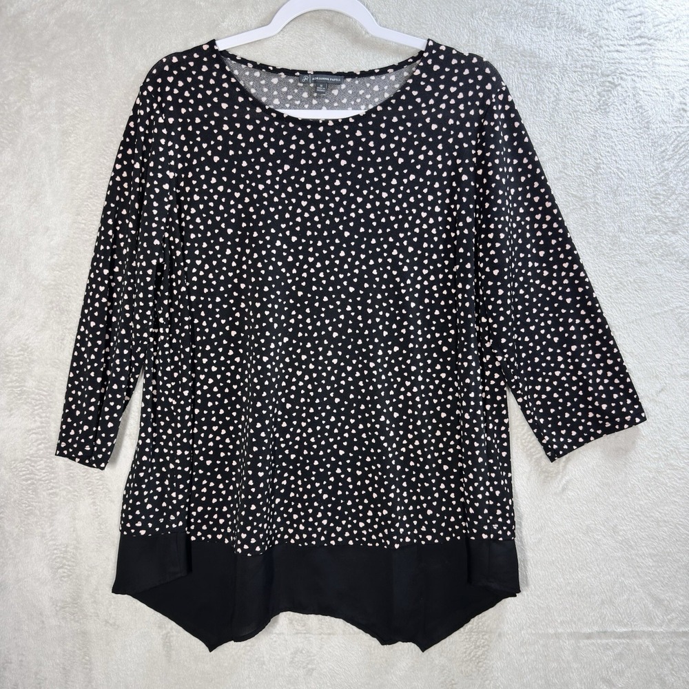 Adrianna Papell‎ Heart Print Tunic Shirt Top Black Romance Valentines Plus Sz 1X